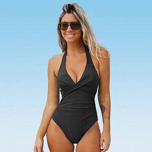 Cupshe Black Wrap Front Halter Swimsuit - 3X, brand new with tags!